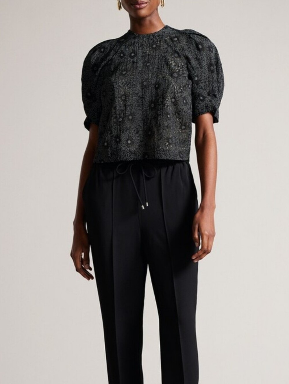 Ted Baker Black Floral Puff-Sleeve Blouse Formal Cocktail Preppy
